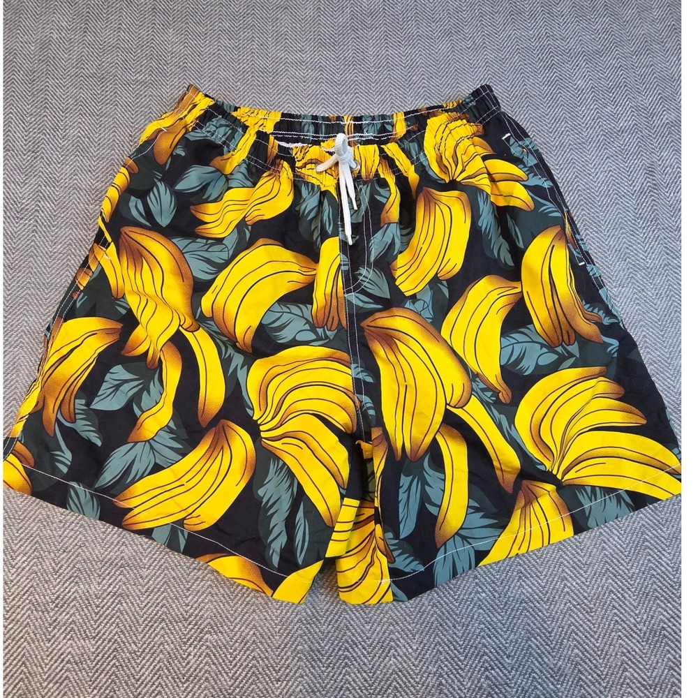 Mens Banana Print Swim Trunks Mesh Lined Drawstring Shorts 2XL Black Yellow